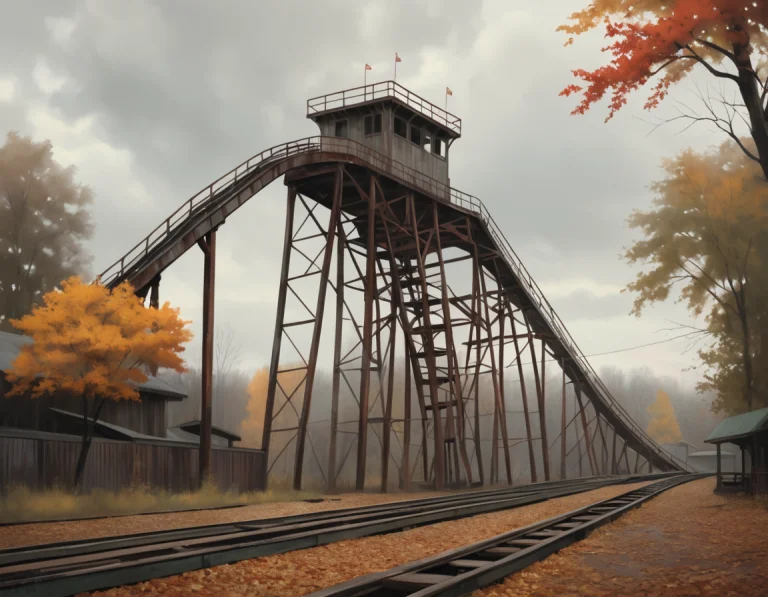 An Old Wooden Roller Coaster Towering Over A Vintage Amuseme...