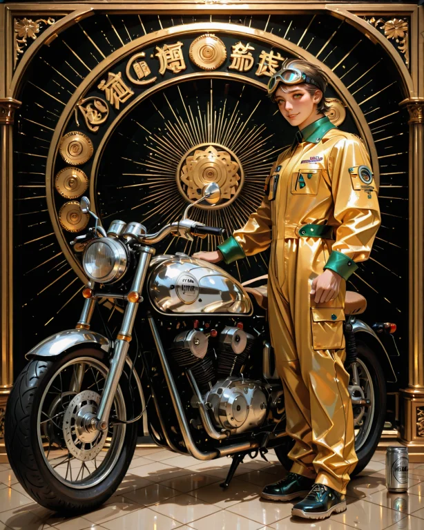 A Man In A Yellow And Green Jumpsuit Stands Next To A Vintag...