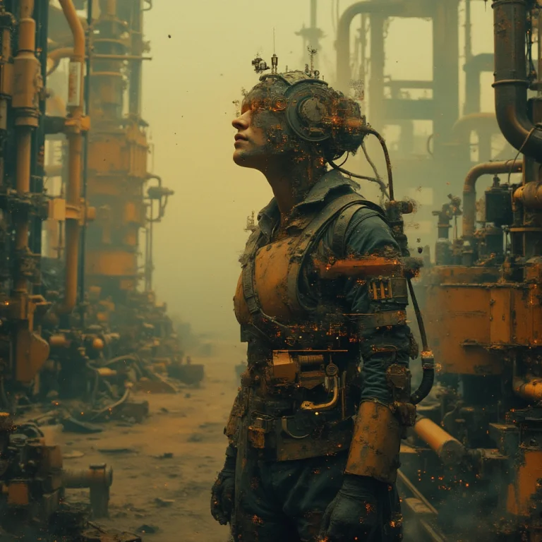 Dieselpunk Double Exposure Of A Thoughtful Figure Contemplat...