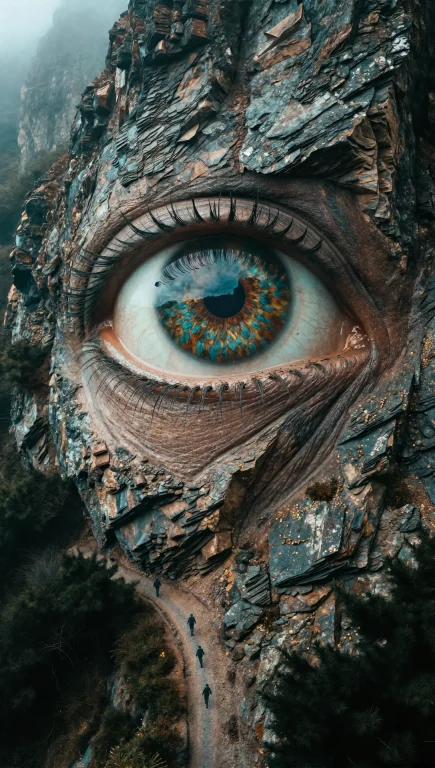 Wide Environmental Shot, A Colossal Human Eye Embedded In A...