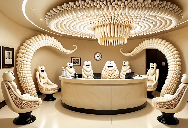 A Surreal, Monochromatic Photograph Of A Dental Clinic Recep...