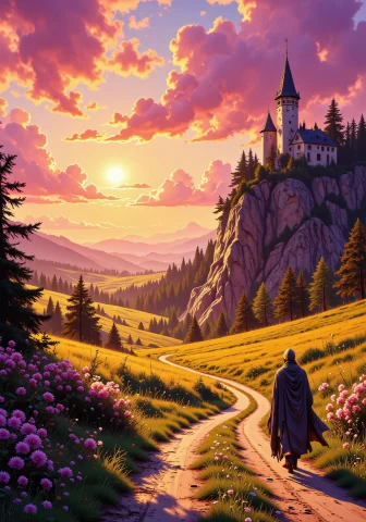 A Bright Golden Pastoral Landscape Painting, With A Brillian... — FLUX AI Prompt: A bright golden pastoral landscape painting, with a brilliant pink-purple sunset...