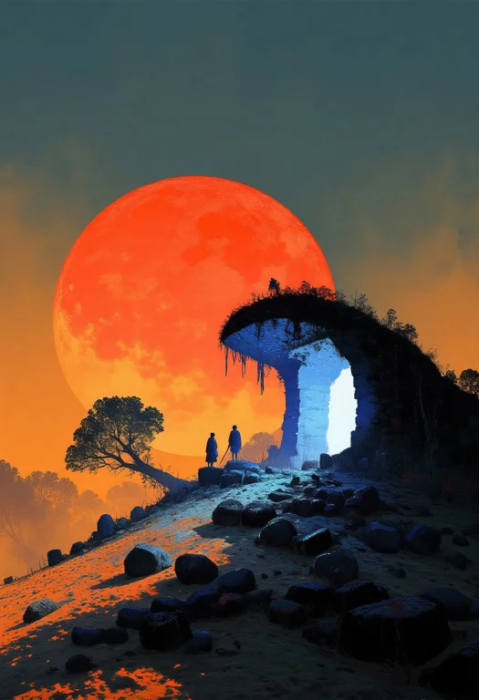 A Striking Desert Landscape Features A Large Orange Sun Low...