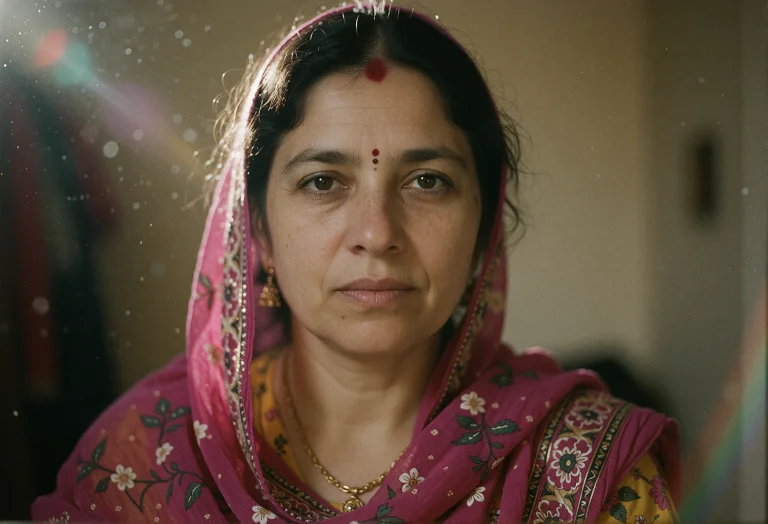 A South Asian Woman With Fair Skin And Dark Brown Eyes Gazes...