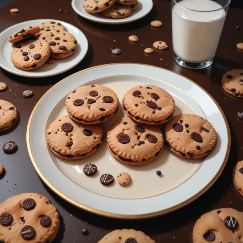 Delicious Cookie Photoshoot Free — Stable Diffusion AI Prompt: plate of chocolate chip cookies, glass of milk, food focus, no humans, photoshoo...