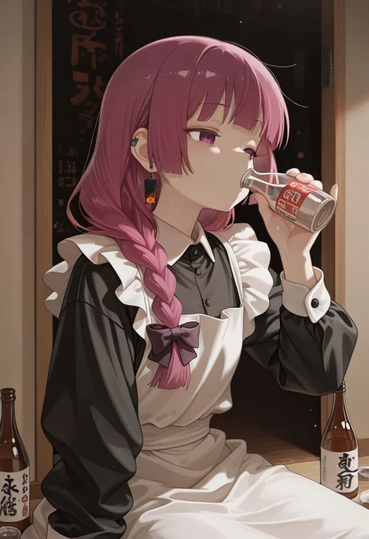 Neutral Expression,1girl,solo,enmaided,sakebottle, Drinking,...