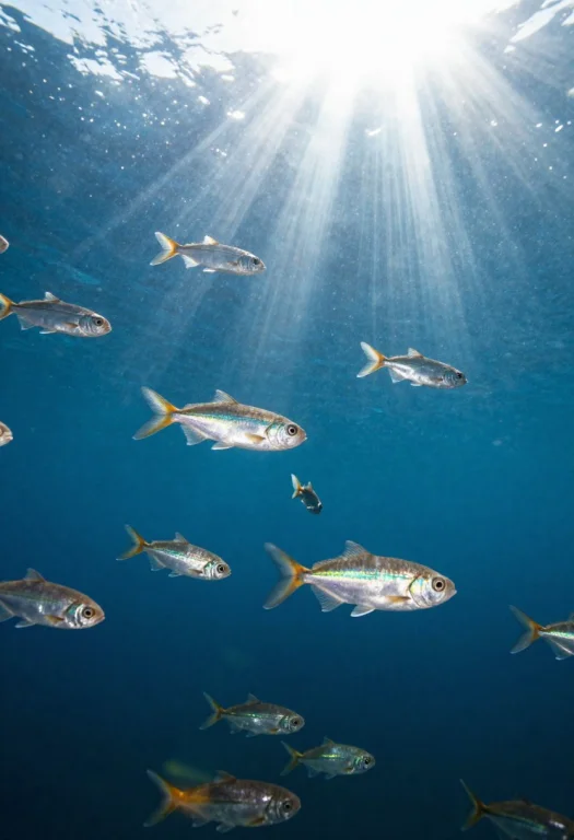 A School Of Fish Turning In Bright Shallows, Iridescent Ligh...