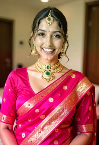 Close-up Indoor Portrait Of A Young Indian Woman Smiling Bri... — FLUX AI Prompt: Close-up indoor portrait of a young Indian woman smiling brightly. She is dresse...
