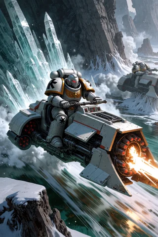Frozen Space Marine Prompt — Stable Diffusion AI Prompt: , Space Marine riding a storm speeder across a frozen death world ice crystals s...