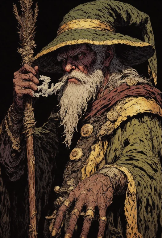 Illustration In The Style Of Cksc Of A Badass Old Wizard Wea...