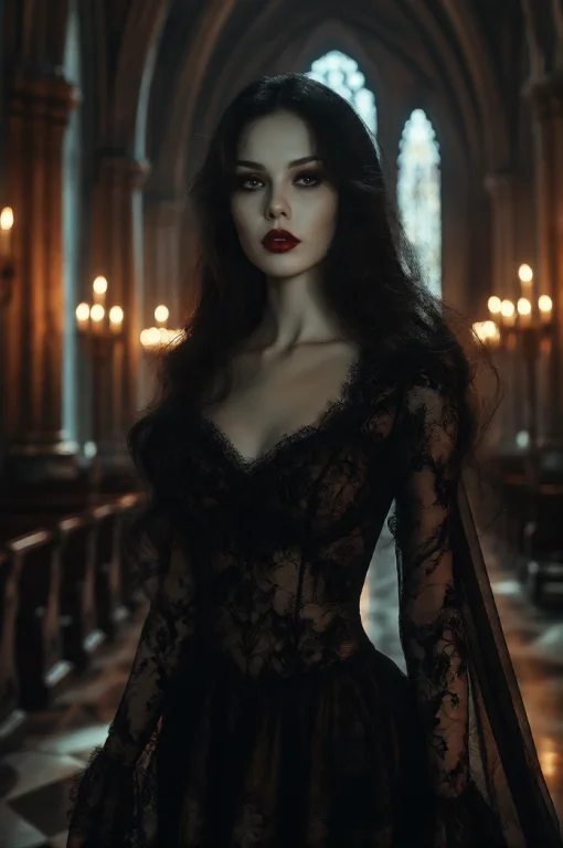 A Glamorous Vampire Woman In A Black Lace Dress Standing In...