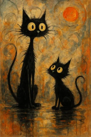 Surreal, Abstract Painting Featuring Two Black Cats With Exa... — Stable Diffusion AI Prompt: Surreal, abstract painting featuring two black cats with exaggerated, whimsical...