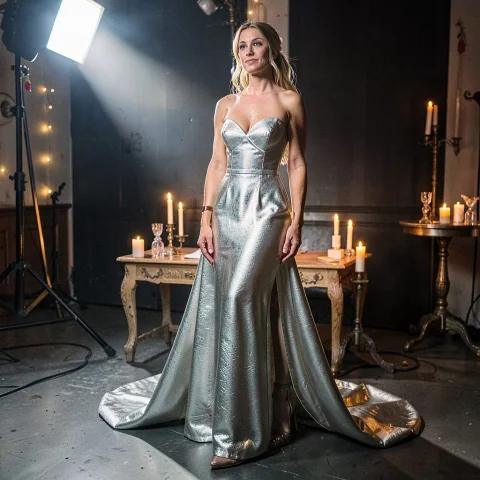Metallic Gown Under Lighting Prompt — Stable Diffusion AI Prompt: a metallic gown reflecting studio spotlights, candlelight, telephoto compression...