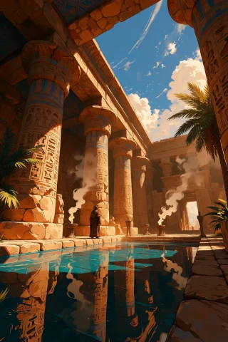 Ta86inkriot, Thin Black Outlines, A Grand Ancient Egyptian T... — Stable Diffusion AI Prompt: ta86_inkriot, thin black outlines, A grand ancient Egyptian temple courtyard bat...