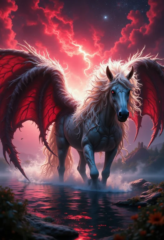 Hybrid Demonic White Horse, Voluminous Wings, On Mystical La...