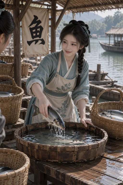 , A Young Fish Seller In Her Mid-twenties Smiles Sideways Wh...