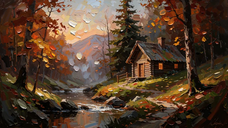 A Peaceful Cabin Hidden Inside An Autumn Forest, A Small Riv...