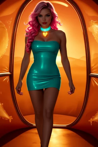 Model With Strawberry-pink Curls In Teal Latex Mini-dress An... — Stable Diffusion AI Prompt: Model with strawberry-pink curls in teal latex mini-dress and glowing apricot ch...