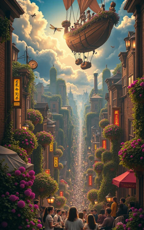 An Ornate Floating Airship Garden Where Victorian Ladies In...