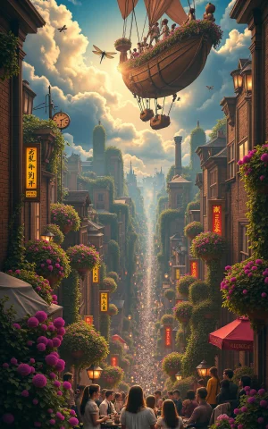 An Ornate Floating Airship Garden Where Victorian Ladies In... — FLUX AI Prompt: an ornate floating airship garden where Victorian ladies in pastel dresses sip t...