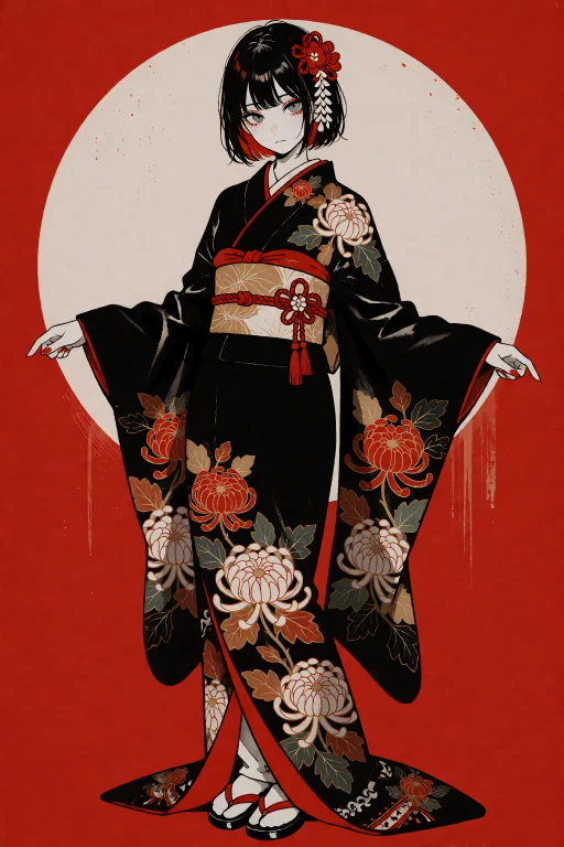 Kur43d0n, Seur4isa. 1girl, Solo, Kimono Sleeves1.2, Tamoto D...