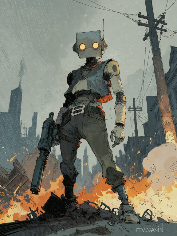 Bradhamel Art Style. A Lone, Stylized Robot With Glowing Ora...