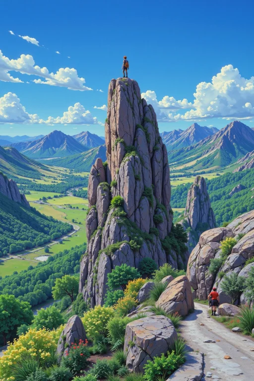 A Climber On Top Of A Mountain Beautiful Landscape, Noon, Wo...