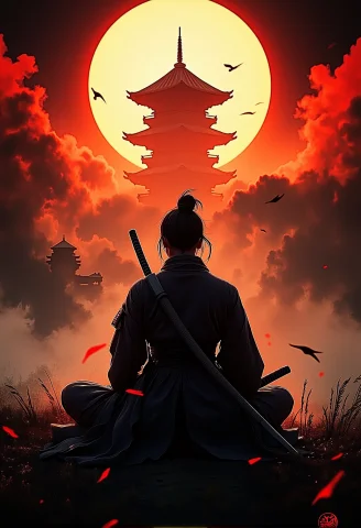 . A Wide-angle Shot Of A Female Samurai Meditating In A Temp... — FLUX AI Prompt: . A wide-angle shot of a female Samurai meditating in a temple garden in an open...