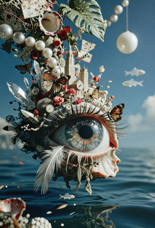 A Colossal Human Eye Resting Inside An Open Seashell Floats...