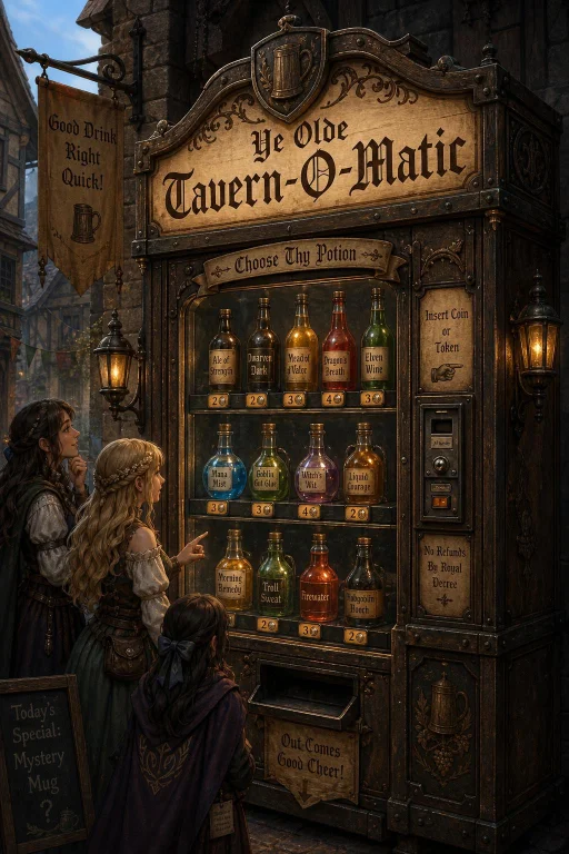 Make A Design Of Medieval Fantasy Vending Machine, With A Fe...
