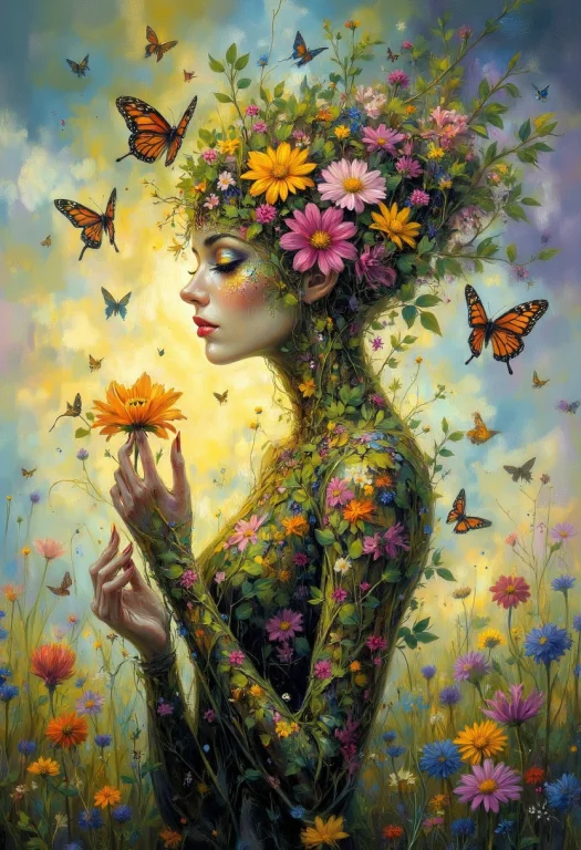 A Surrealist Painting Of A Woman Whose Body Is Made Of Bloom...