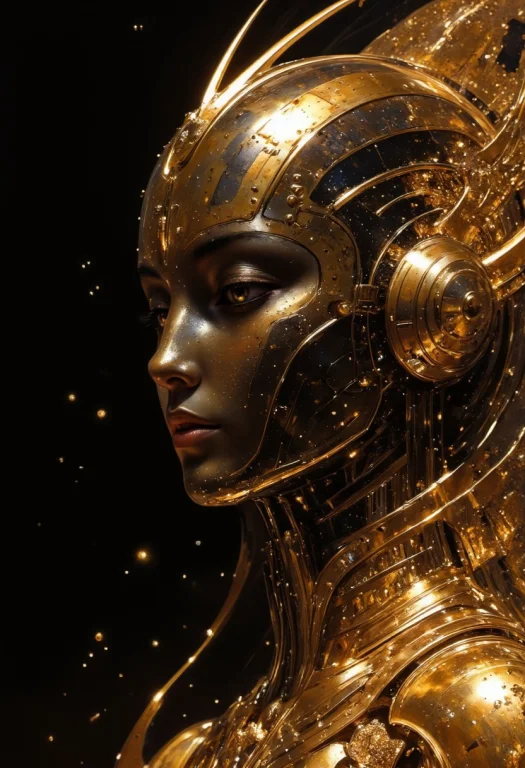 A Detailed Close-up Of A Womans Face, With Golden Skin And G...