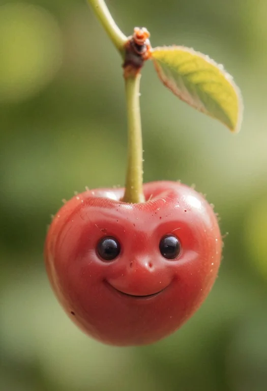 A Tiny Smol Zhibi Smiling Cute Looking Ripe Cherry, Macro Cl...