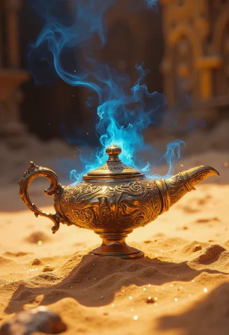A Magical, Highly Detailed Close-up Of Aladdins Lamp, Made O... — FLUX AI Prompt: A magical, highly detailed close-up of Aladdin's lamp, made of shiny, ancient go...