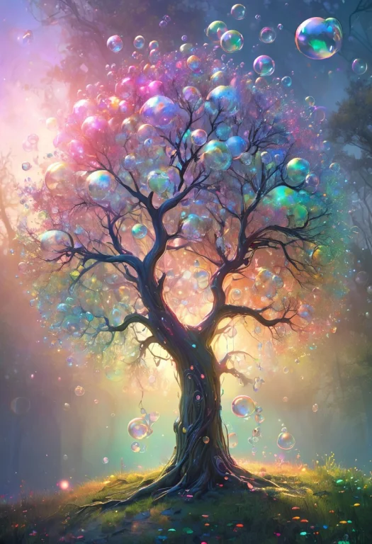A Whimsical Tree Made Entirely Of Transparent Soap Bubbles,...