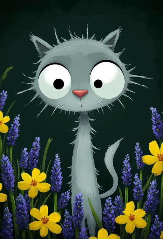 A Whimsical Illustration Of A Grey Cat With Spiky Fur In Dar...