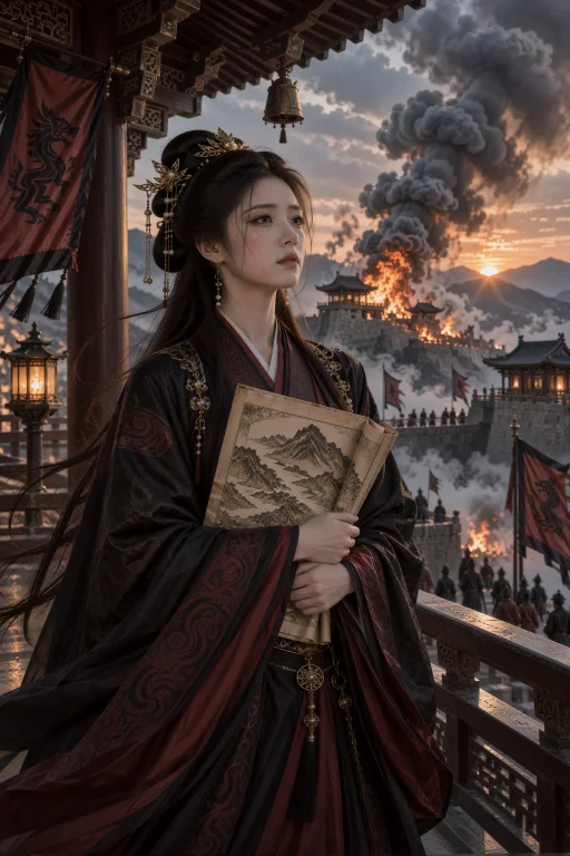 晚霞中的城楼露台上，一名年轻中国女子站在木栏边，身体朝向画面...
