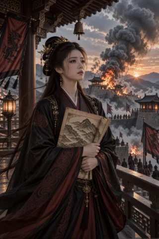 晚霞中的城楼露台上，一名年轻中国女子站在木栏边，身体朝向画面... — Stable Diffusion AI Prompt: 晚霞中的城楼露台上，一名年轻中国女子站在木栏边，身体朝向画面右侧的燃烧城池，头微...