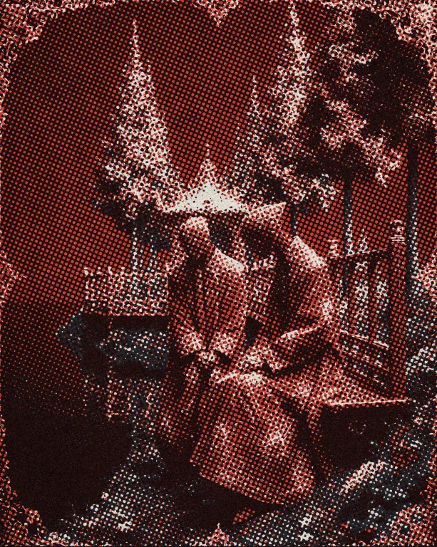 Two Figures In Elaborate Patterned Crimson Robes Stand On A...