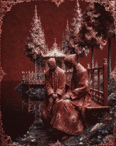 Two Figures In Elaborate Patterned Crimson Robes Stand On A... — Stable Diffusion AI Prompt: Two figures in elaborate patterned crimson robes stand on a sloped verdant plane...