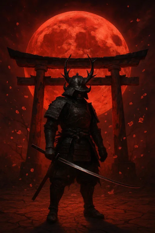 A Lone Samurai Stands Before A Crumbling Red Torii Gate Unde...