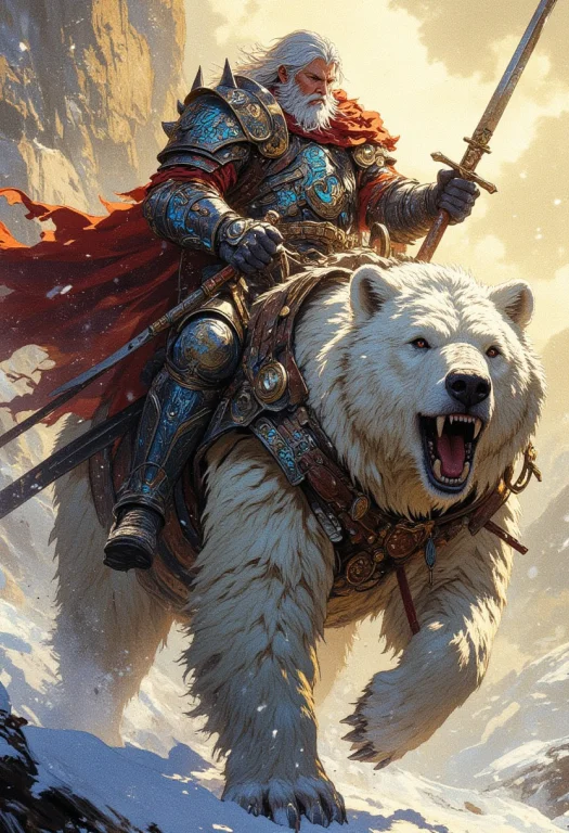 A Majestic Warrior , Riding A Massive Armored White Bear. Th...