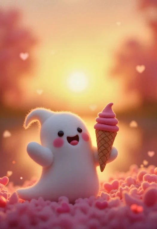 A Small, Simple, Cuddly Felt Fat Ghost , Holding An Icecream...