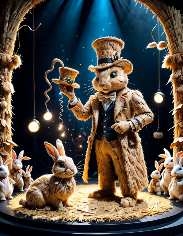 A Magician Pulling A Rabbit Of A Hat, On Stage, Spotlights E...