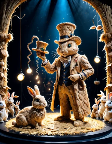 A Magician Pulling A Rabbit Of A Hat, On Stage, Spotlights E... — SDXL AI Prompt: A magician pulling a rabbit of a hat, on stage, spotlights entirely made of stra...
