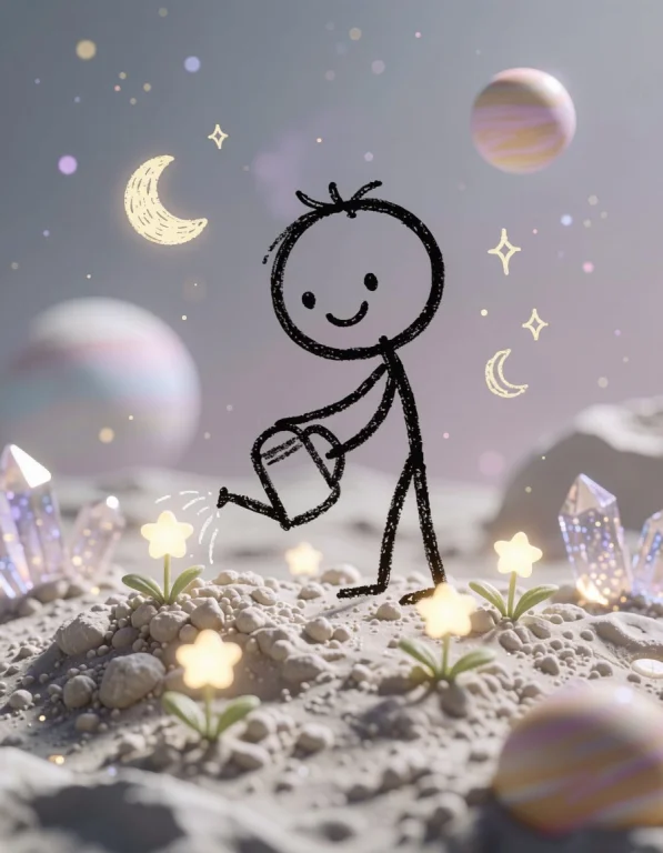 A Cheerful Stick Figure Gardener Waters Tiny Glowing Star-sh...