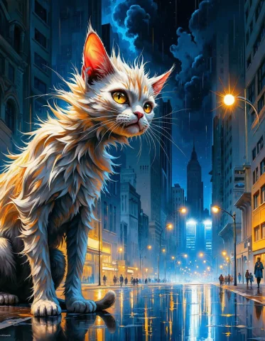An Anthropomorphic Cat With Wild, Unkempt Fur Stands On A Ra... — Stable Diffusion AI Prompt: An anthropomorphic cat with wild, unkempt fur stands on a rainy city street, its...