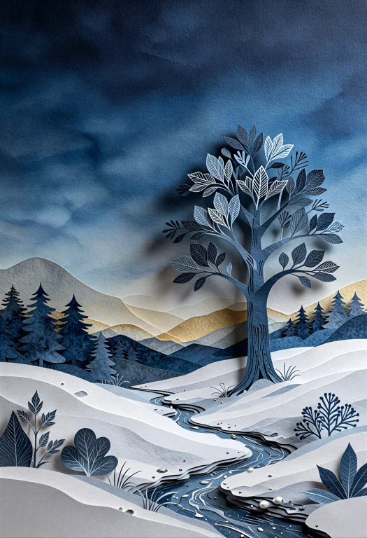 A Multi-layered 3d Papercraft Sculpture Of A Winter Landscap...