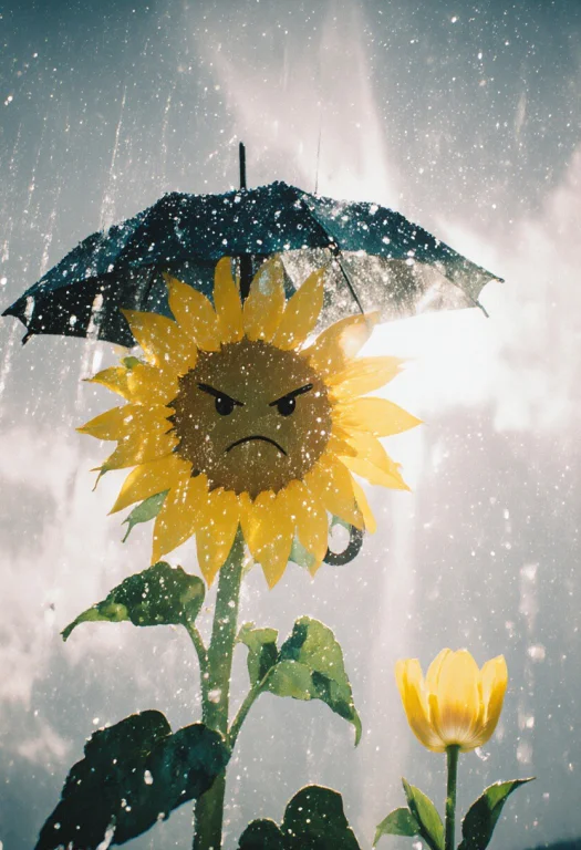 A Sunflower Stands Under A Cloudy Sky With A Grumpy Expressi...