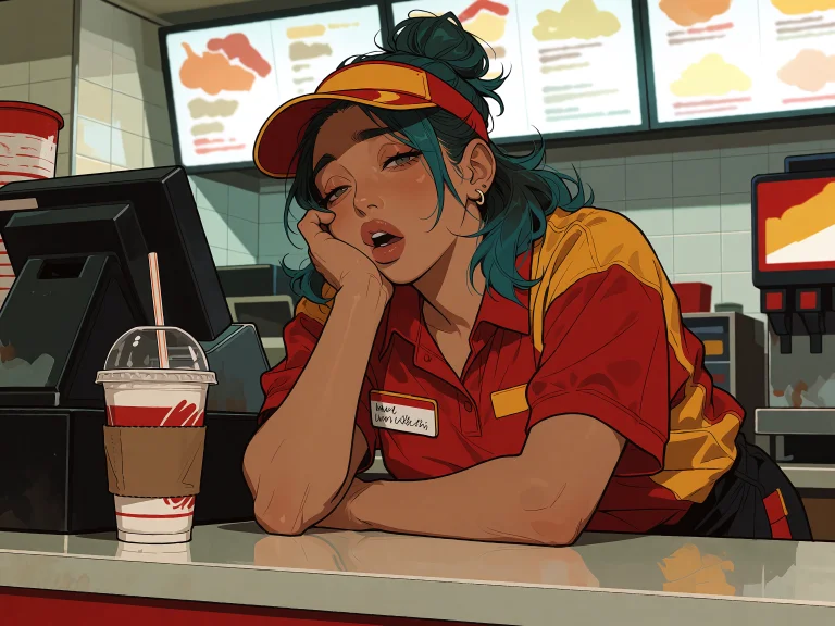 An Illustration Of A Bored Fast Food Worker Slumped Over The...